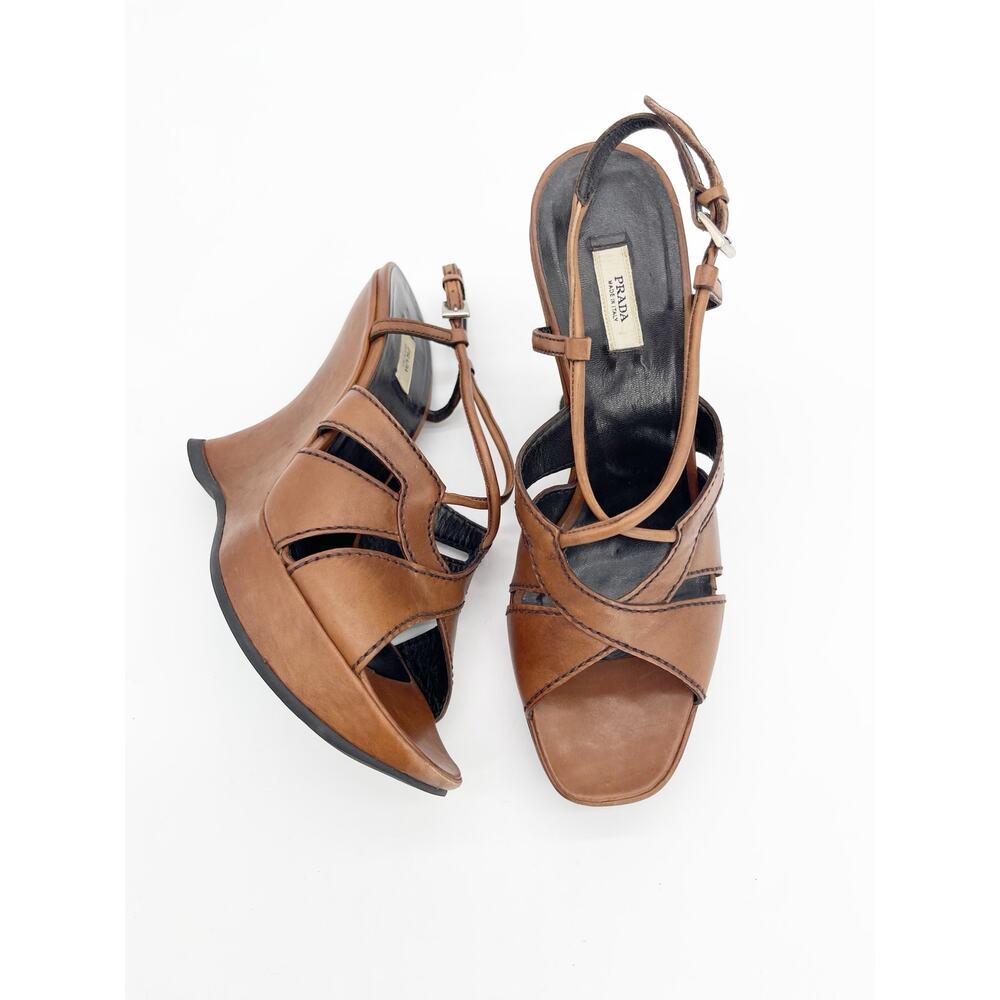 Prada Retro Vintage Y2K Brown Leather Sculptural Wedge Platform Sandals IT 38